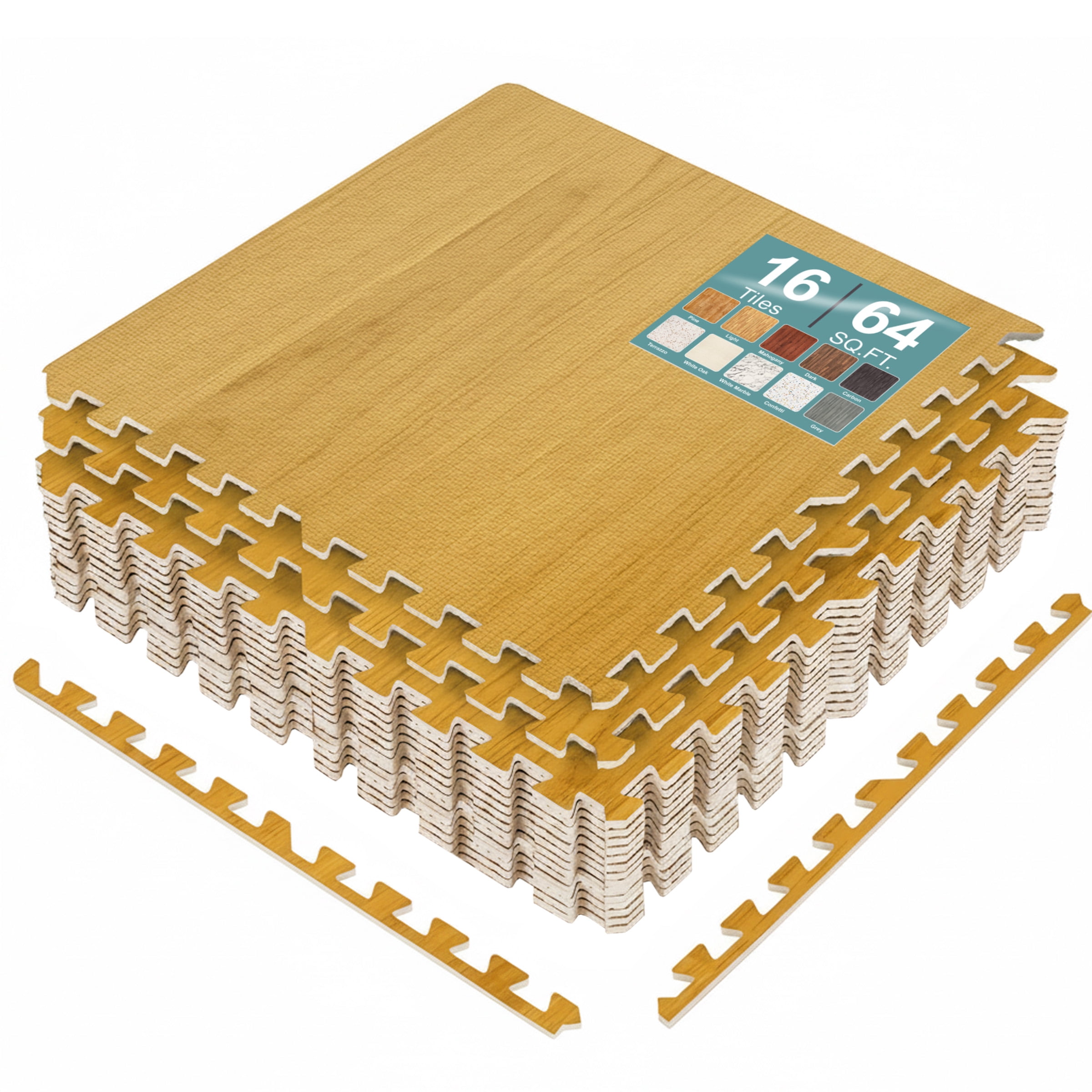 Sorbus Waterproof Wood Grain Foam Floor Tiles, 16 Tiles, 64 Sq Ft, Interlocking, Light Grain