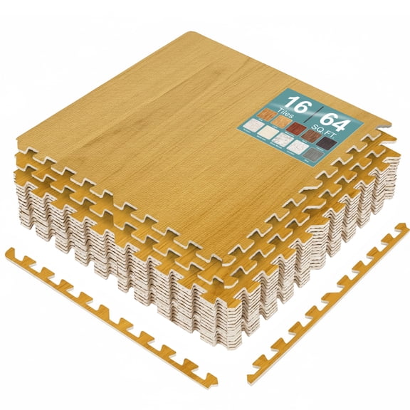 Sorbus Waterproof Wood Grain Foam Floor Tiles, 16 Tiles, 64 Sq Ft, Interlocking, Light Grain