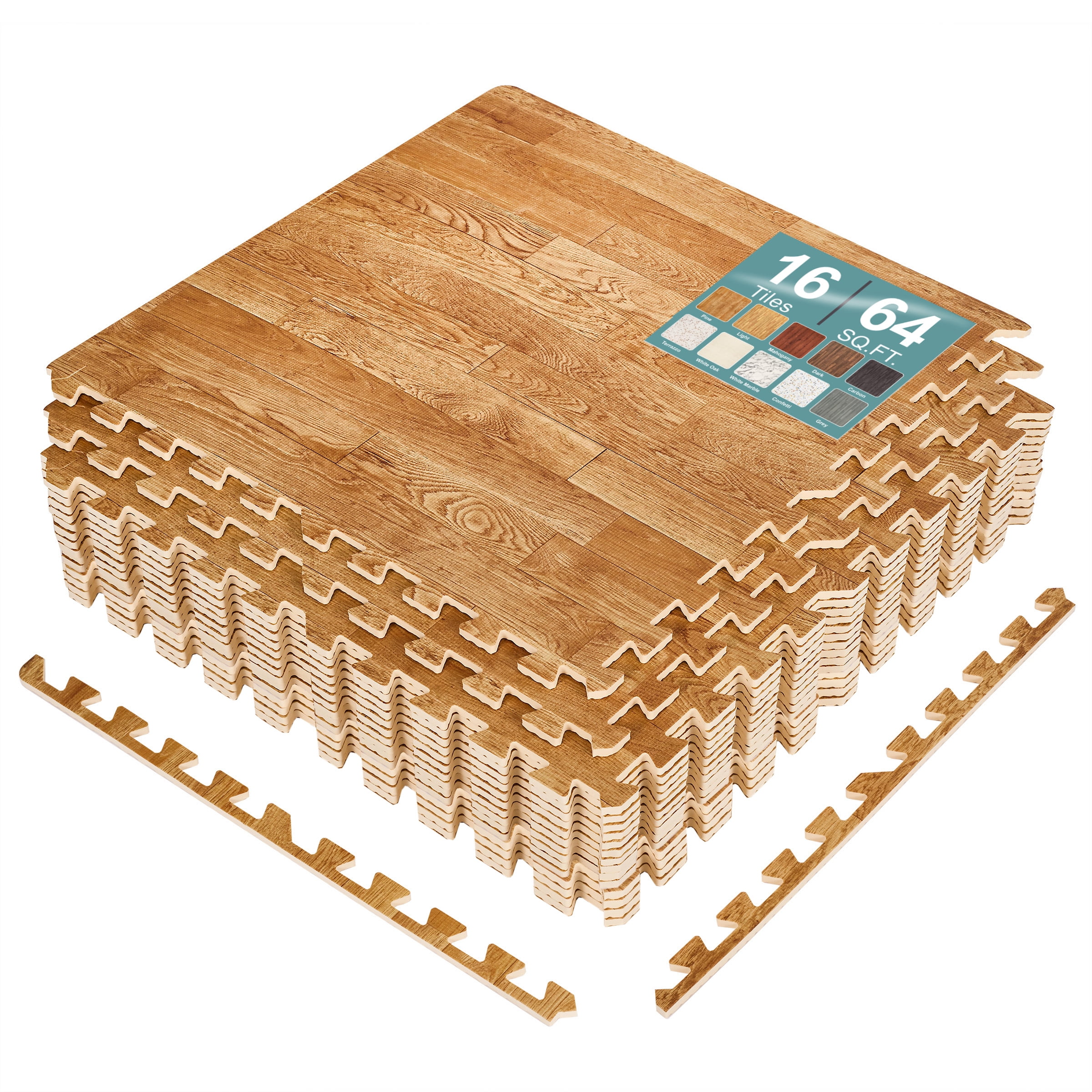 Sorbus Waterproof Wood Grain Foam Floor Tiles, 16 Tiles, 64 Sq Ft, Interlocking, Light Pine