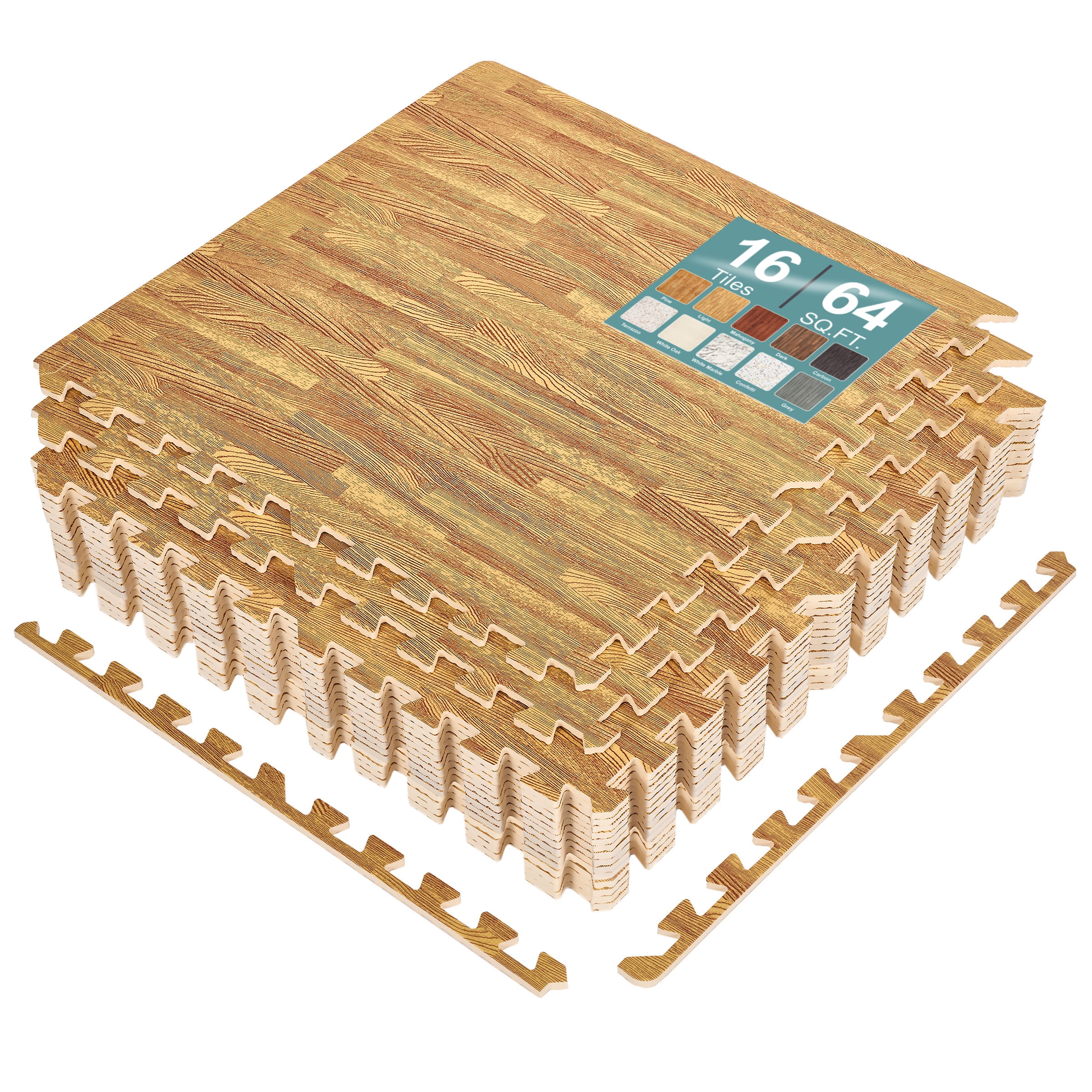 Sorbus Waterproof Wood Grain Foam Floor Tiles, 16 Tiles, 64 Sq Ft, Interlocking, Light Wood Grain