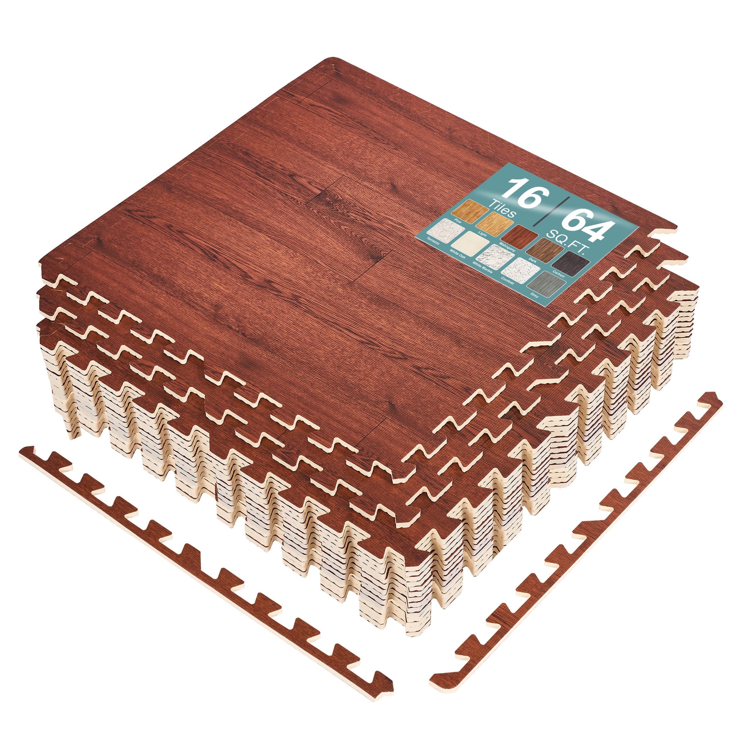 Sorbus Waterproof Wood Grain Foam Floor Tiles, 16 Tiles, 64 Sq Ft, Interlocking, Mahogany