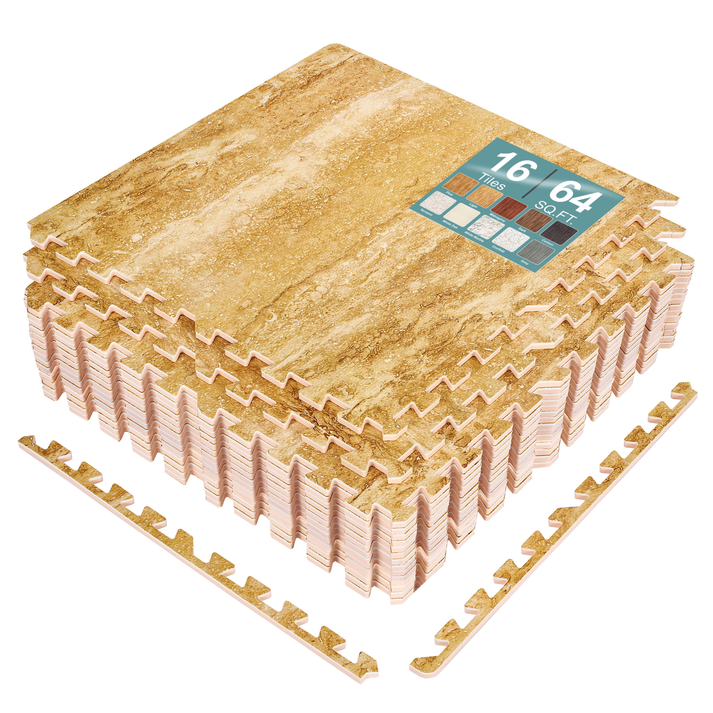 Sorbus Waterproof Wood Grain Foam Floor Tiles, 16 Tiles, 64 Sq Ft, Interlocking, Marble