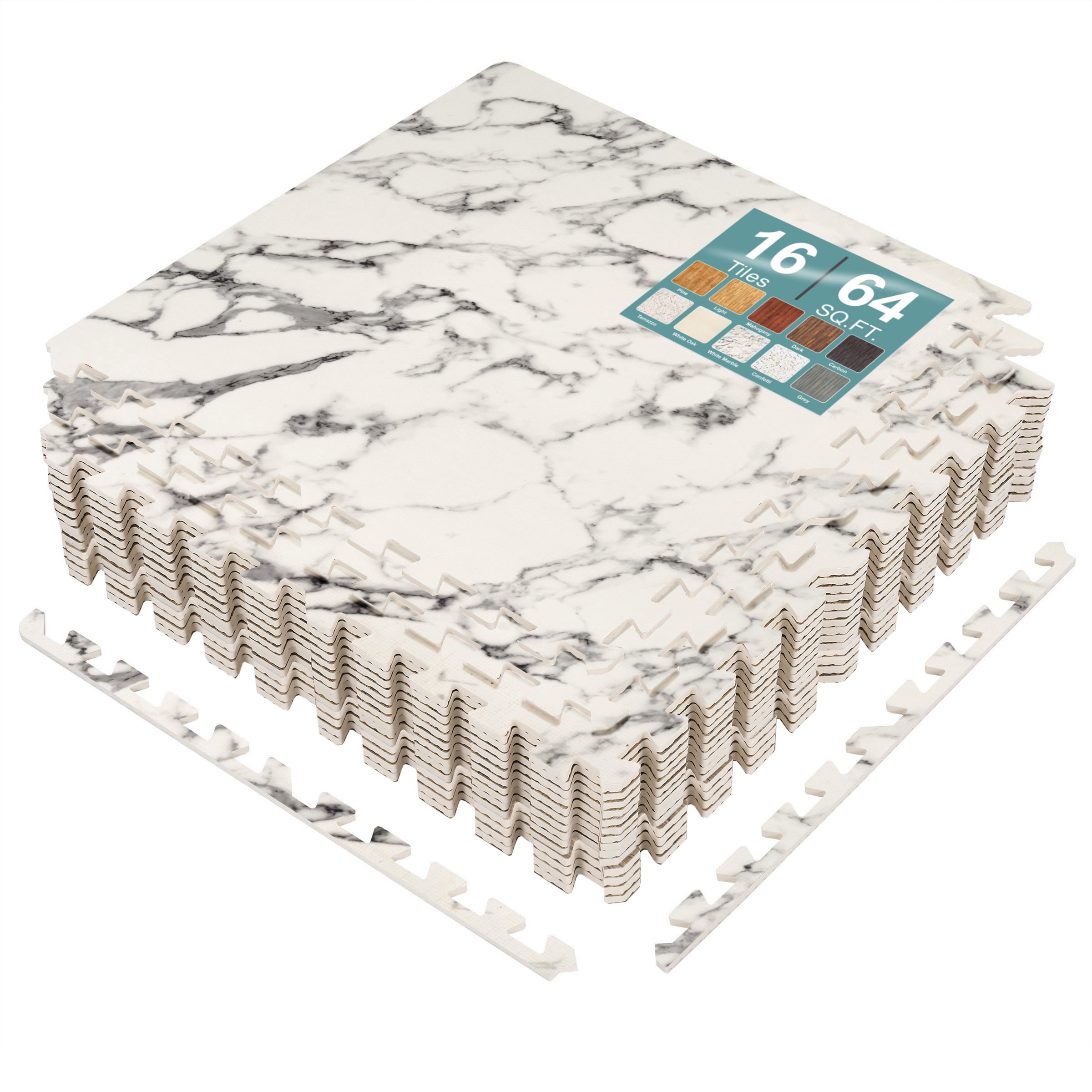 Sorbus Waterproof Wood Grain Foam Floor Tiles, 16 Tiles, 64 Sq Ft, Interlocking, White Marble