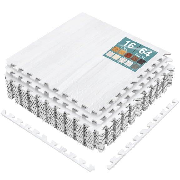 Sorbus Waterproof Wood Grain Foam Floor Tiles, 16 Tiles, 64 Sq Ft, Interlocking, White