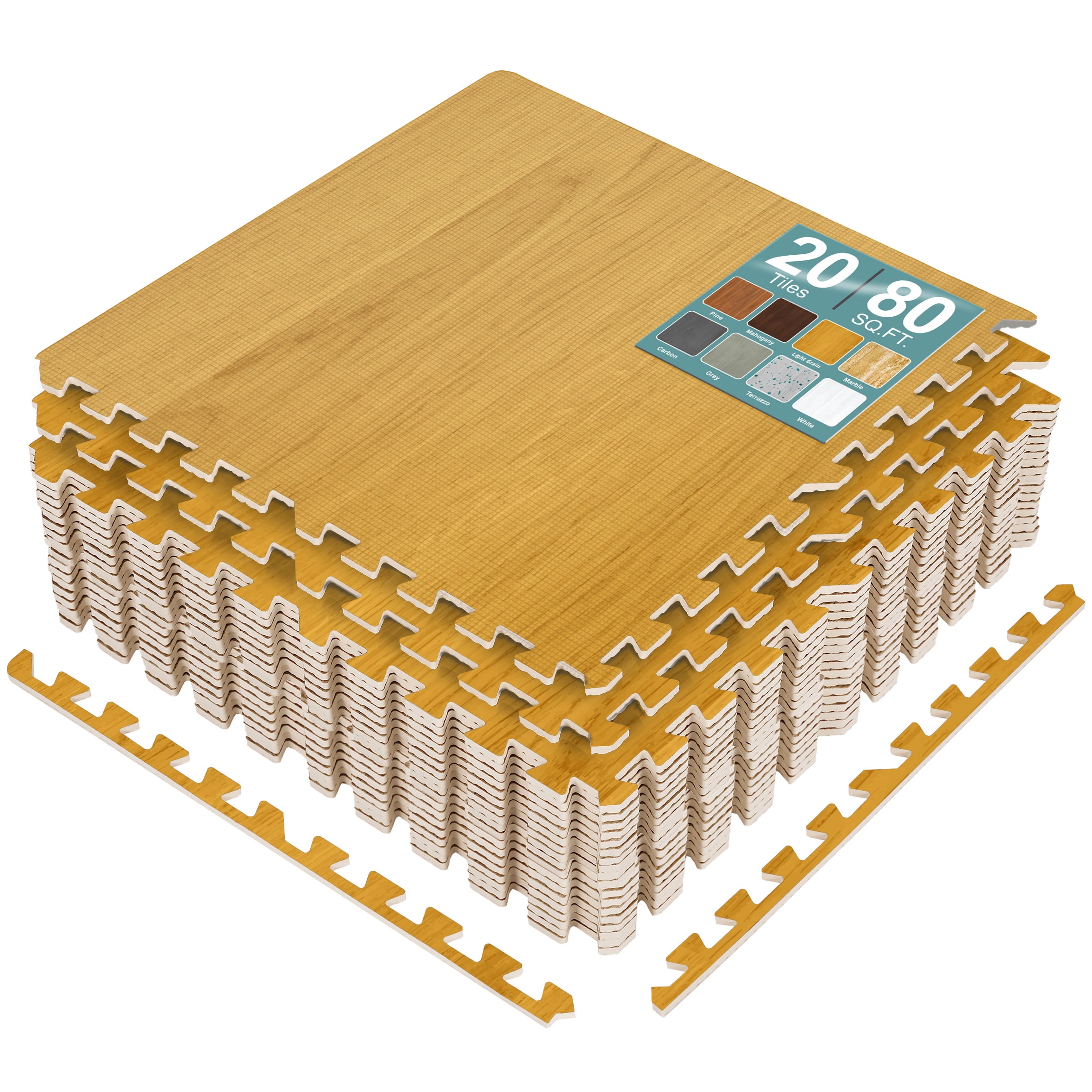 Sorbus Waterproof Wood Grain Foam Floor Tiles, 20 Tiles, 80 Sq Ft, Interlocking, Light Grain