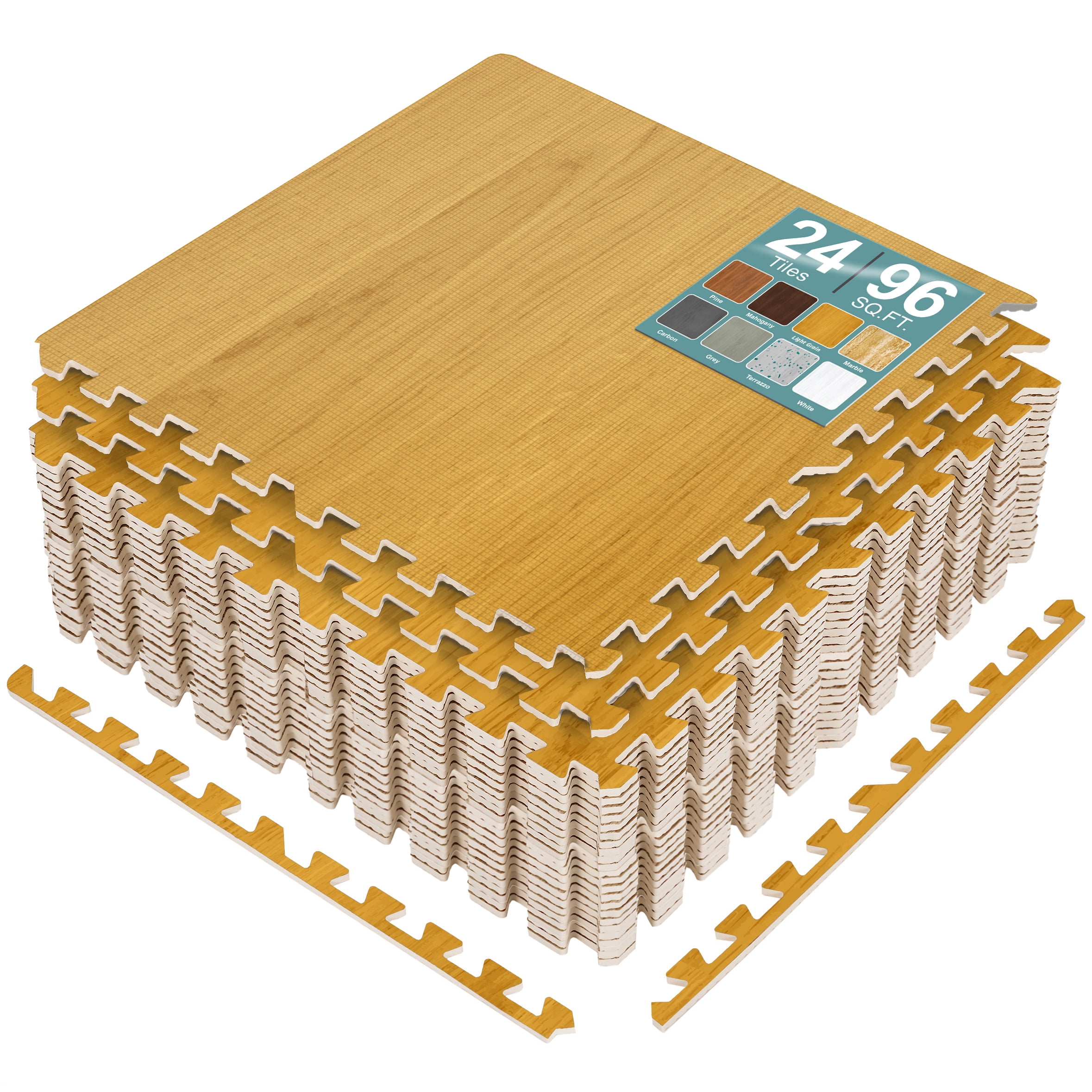 Sorbus Waterproof Wood Grain Foam Floor Tiles, 24 Tiles, 96 Sq Ft, Interlocking, Light Grain