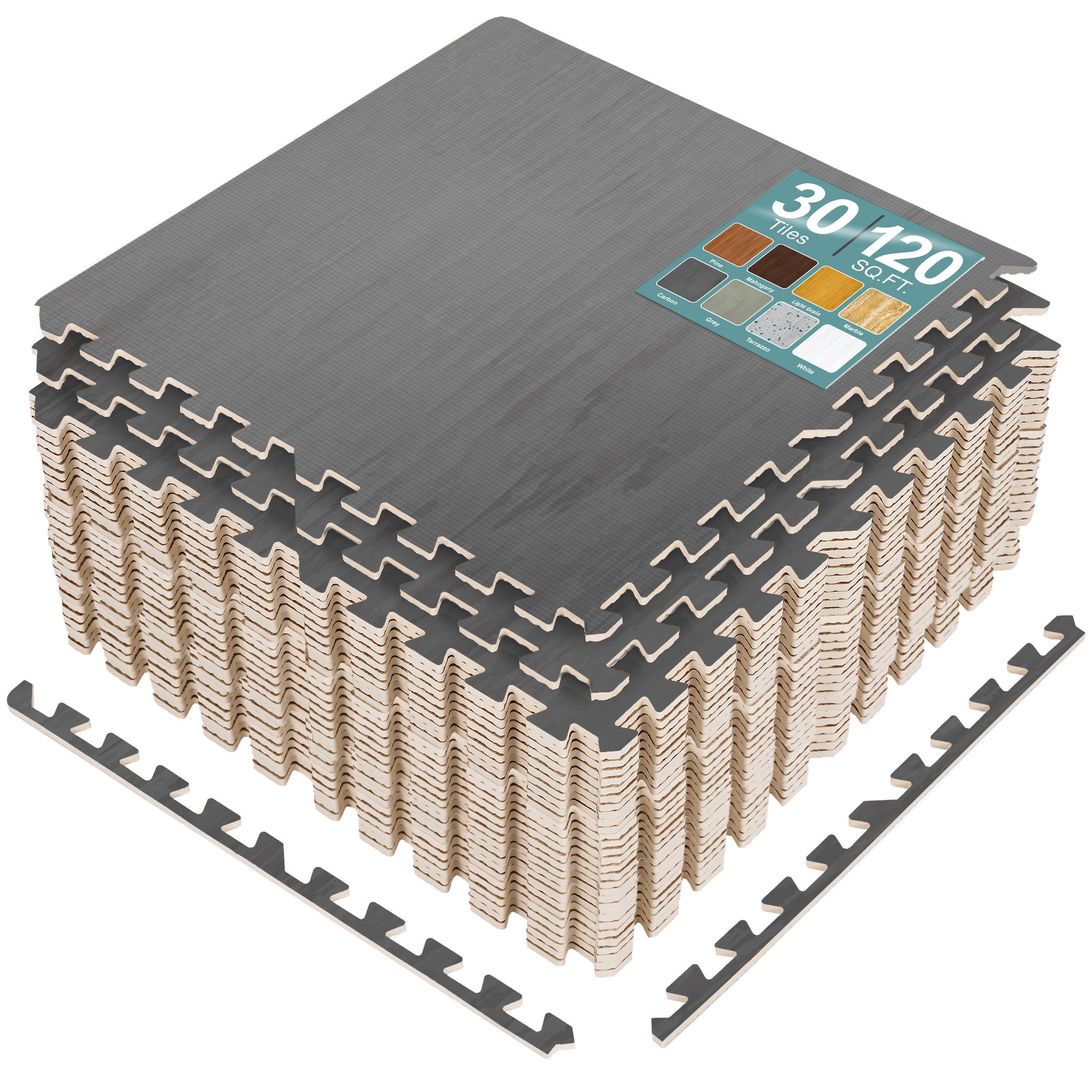 Sorbus Waterproof Wood Grain Foam Floor Tiles, 30 Tiles, 120 Sq Ft, Interlocking, Carbon