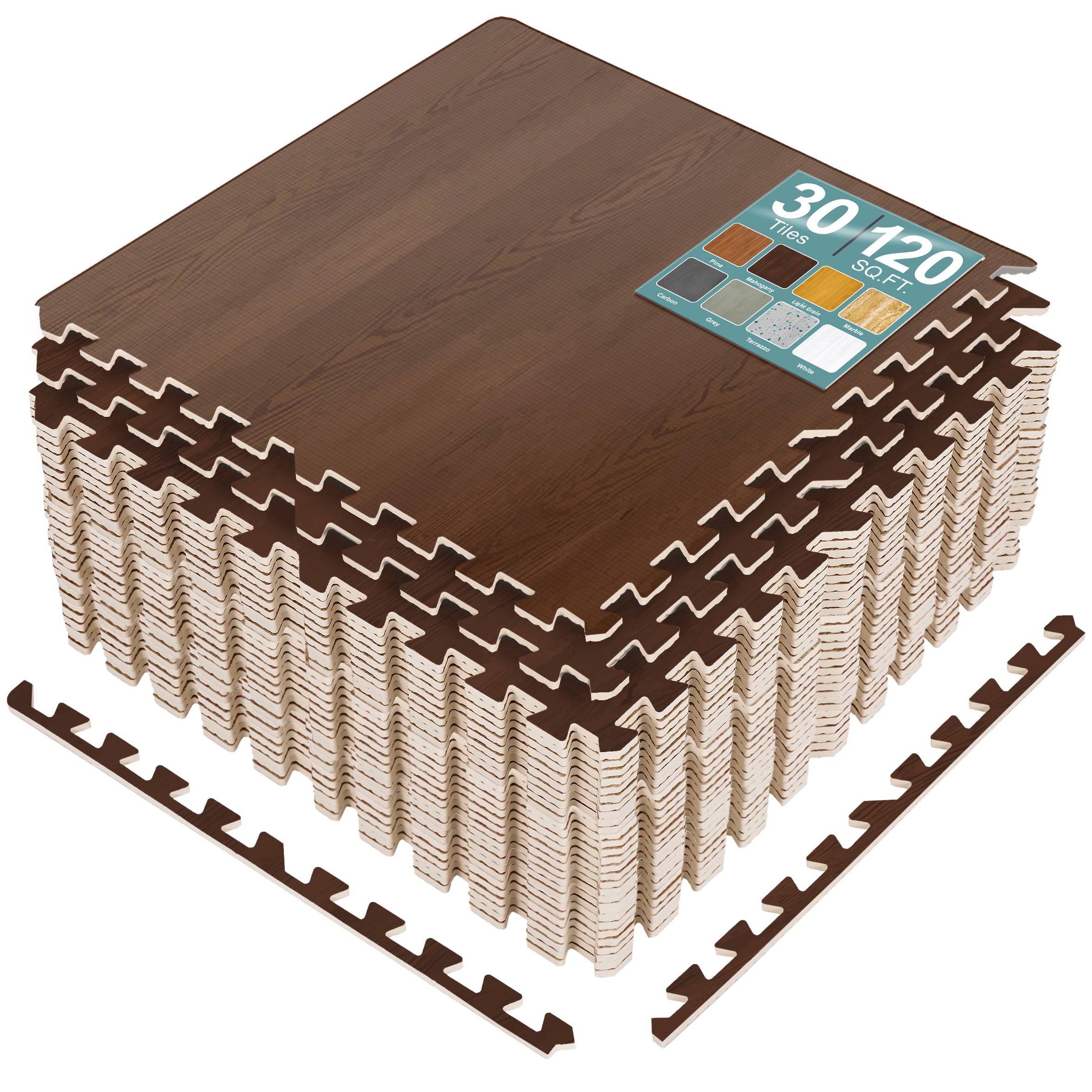 Sorbus Waterproof Wood Grain Foam Floor Tiles, 30 Tiles, 120 Sq Ft, Interlocking, Mahogany