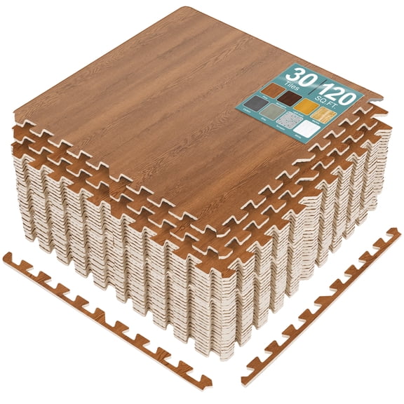 Sorbus Waterproof Wood Grain Foam Floor Tiles, 30 Tiles, 120 Sq Ft, Interlocking, Pine