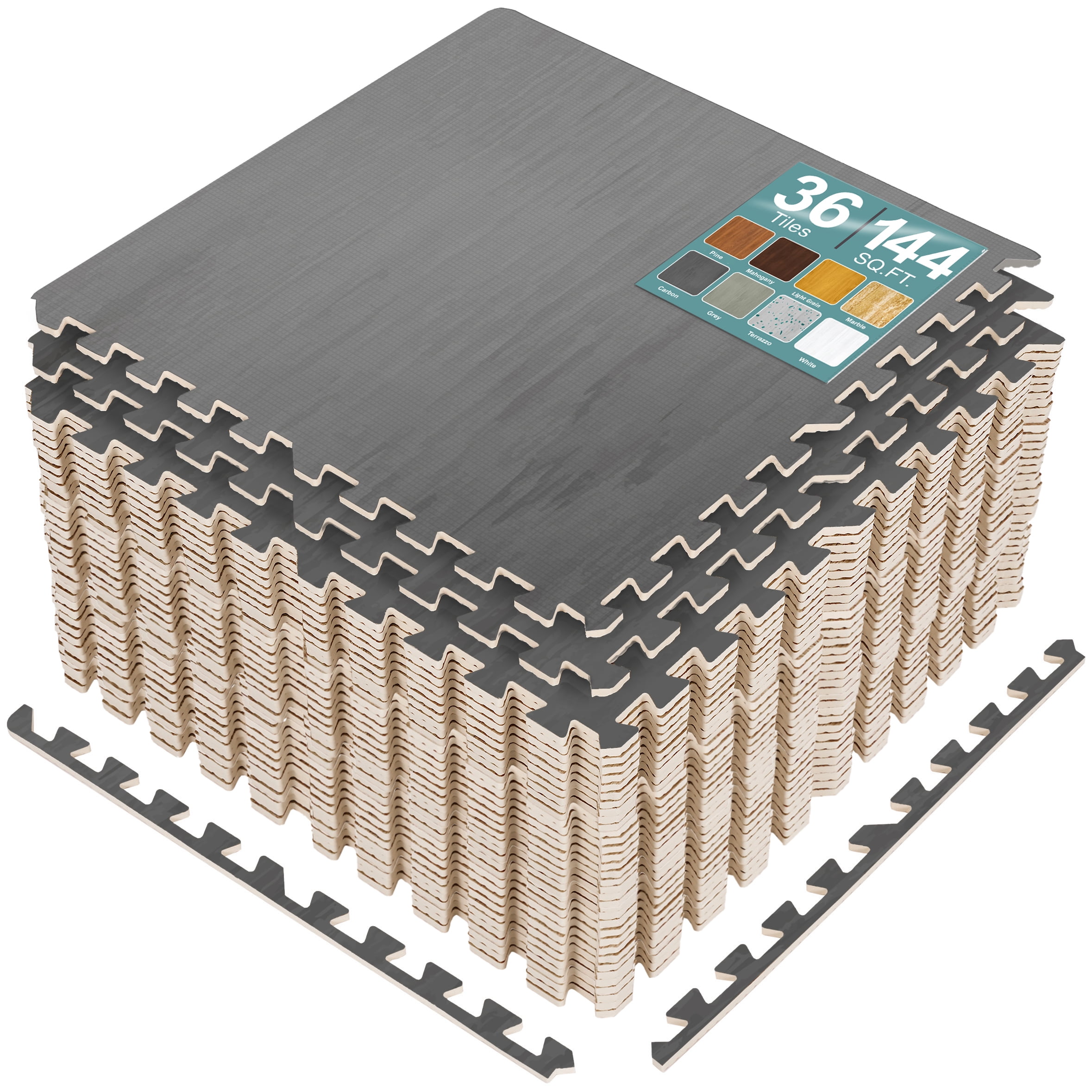 Sorbus Waterproof Wood Grain Foam Floor Tiles, 36 Tiles, 144 Sq Ft, Interlocking, Carbon