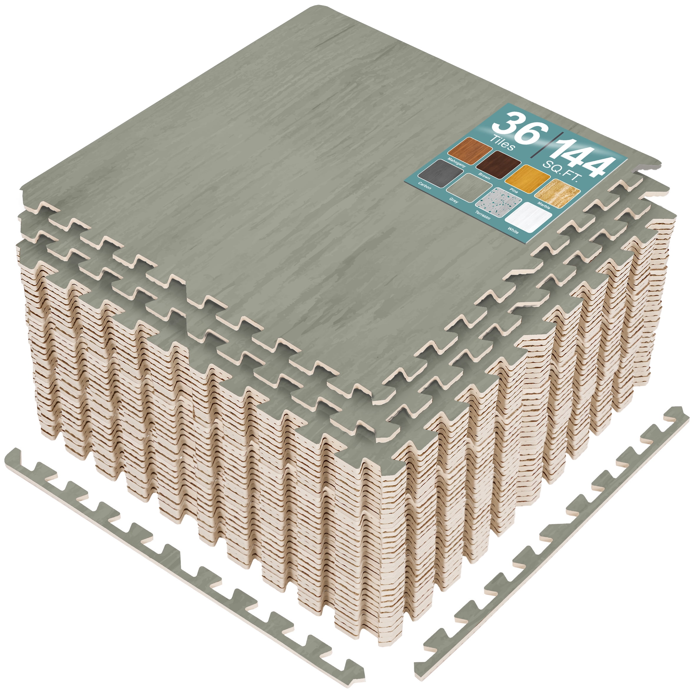 Sorbus Waterproof Wood Grain Foam Floor Tiles, 36 Tiles, 144 Sq Ft, Interlocking, Gray