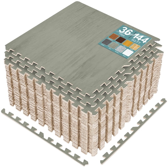Sorbus Waterproof Wood Grain Foam Floor Tiles, 36 Tiles, 144 Sq Ft, Interlocking, Gray