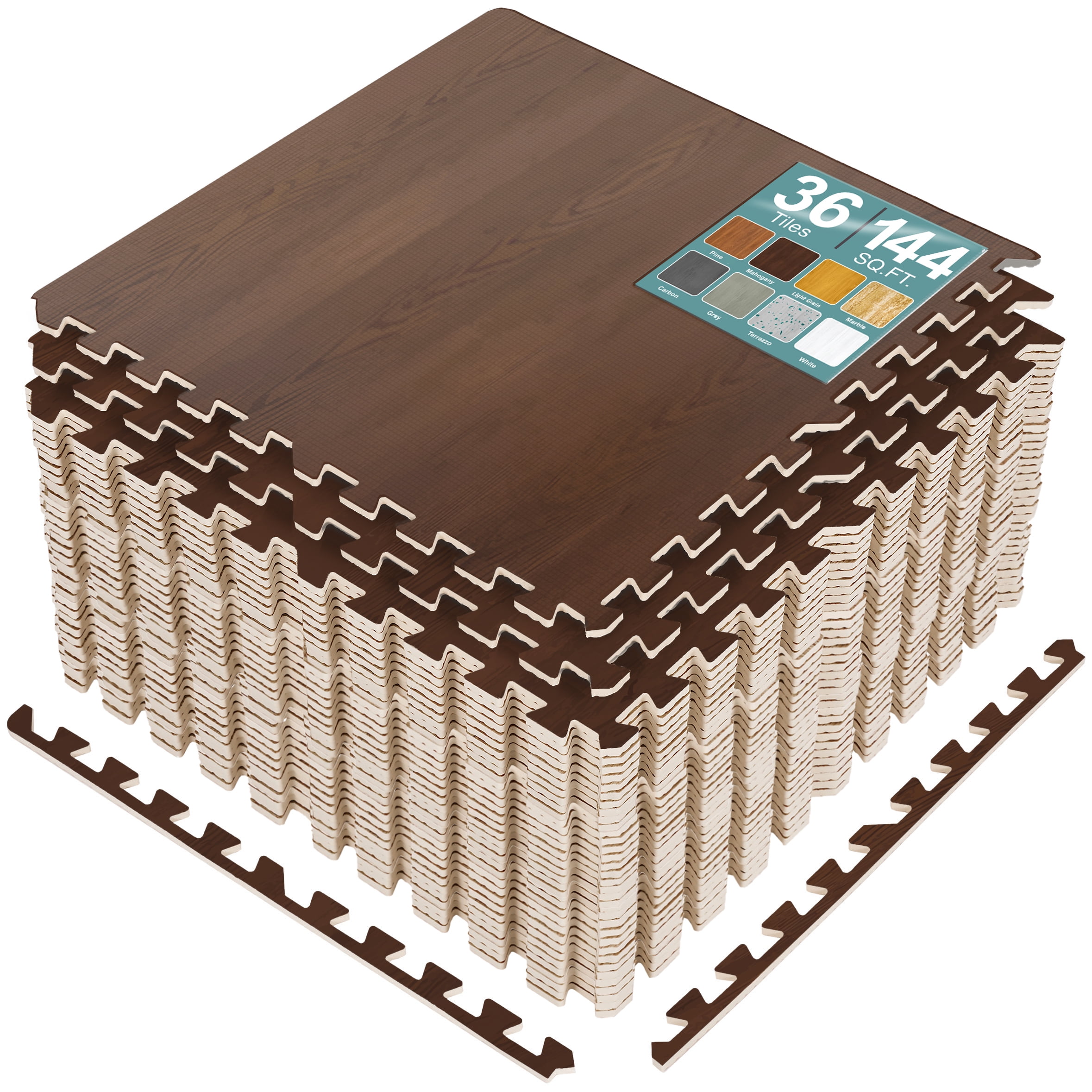 Sorbus Waterproof Wood Grain Foam Floor Tiles, 36 Tiles, 144 Sq Ft, Interlocking, Mahogany