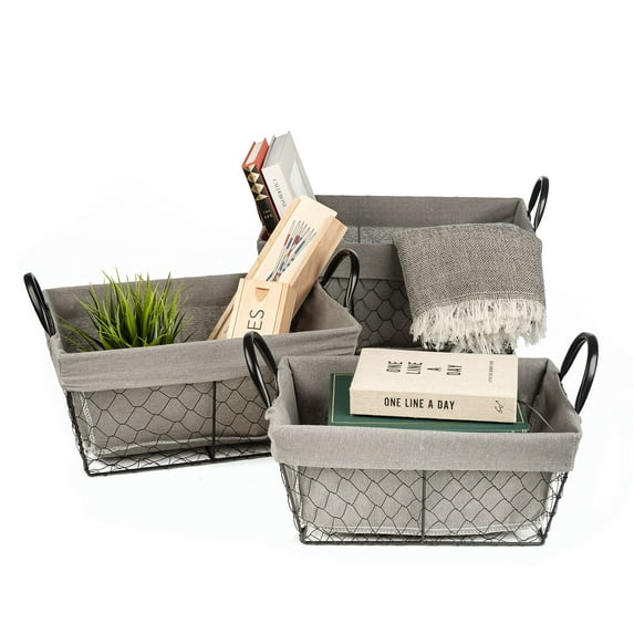 Sorbus Wire Storage Baskets Set Decorative with Removable Fabric Liner Open Home Décor Farmhouse Metal Storage Bins & Baskets for Organizing Shelves, Living Room, Bathroom, Kitchen, (Rectangle - Gray)
