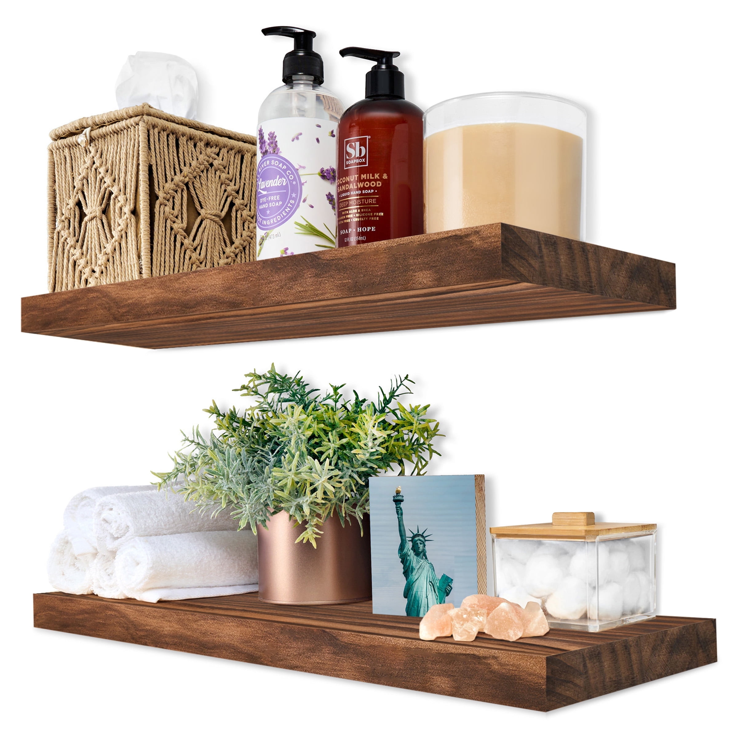 Sorbus Wood Floating Shelves for Wall - 16” Solid Wood Wall Shelves for Bathroom Decor, Books, Bedroom & Living Room - Set of 2 Wall Mounted Kitchen Shelves - Durable 100% Premium Solid Pine