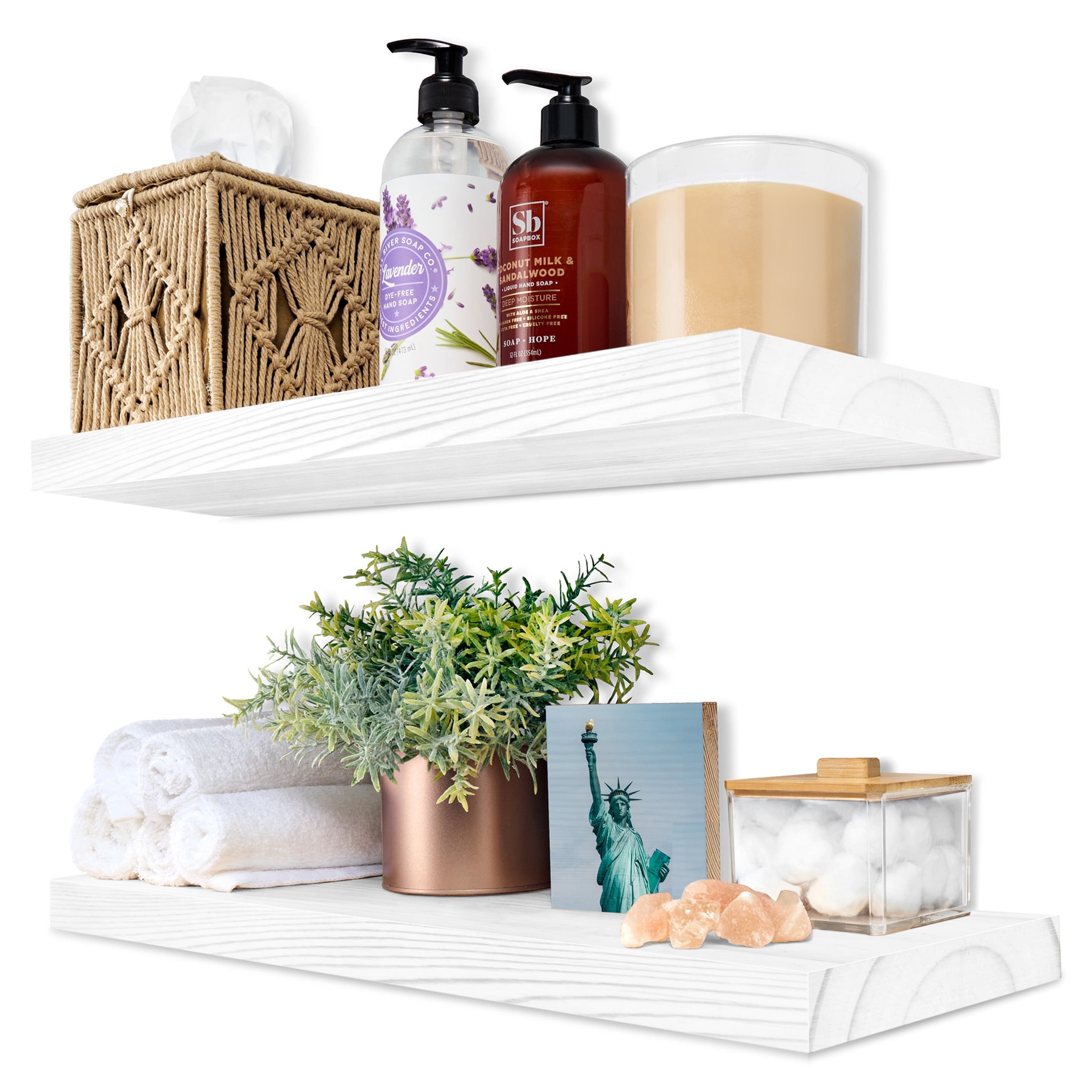 Sorbus Wood Floating Shelves for Wall - 16” Solid Wood Wall Shelves for Bathroom Decor, Books, Bedroom & Living Room - Set of 2 Wall Mounted Kitchen Shelves - Durable 100% Premium Solid Pine