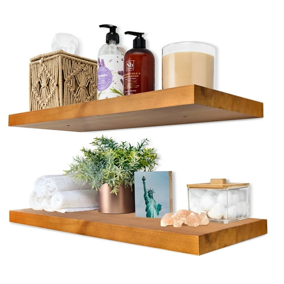 Sorbus Wood Floating Shelves for Wall - 24” Solid Wood Wall Shelves for Bathroom Decor, Books, Bedroom & Living Room - Set of 2 Wall Mounted Kitchen Shelves - Durable 100% Premium Solid Pine