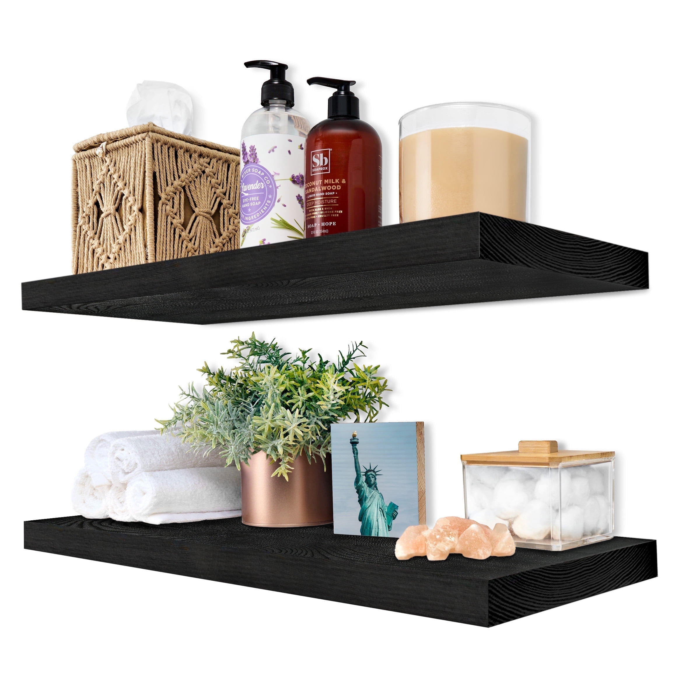 Sorbus Wood Floating Shelves for Wall - 24” Solid Wood Wall Shelves for Bathroom Decor, Books, Bedroom & Living Room - Set of 2 Wall Mounted Kitchen Shelves - Durable 100% Premium Solid Pine