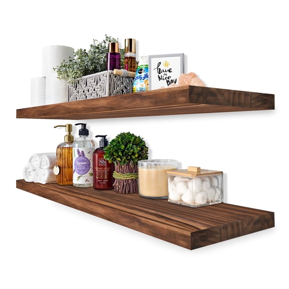 Sorbus Wood Floating Shelves for Wall - 35” Solid Wood Wall Shelves for Bathroom Decor, Books, Bedroom & Living Room - Set of 2 Wall Mounted Kitchen Shelves - Durable 100% Premium Solid Pine