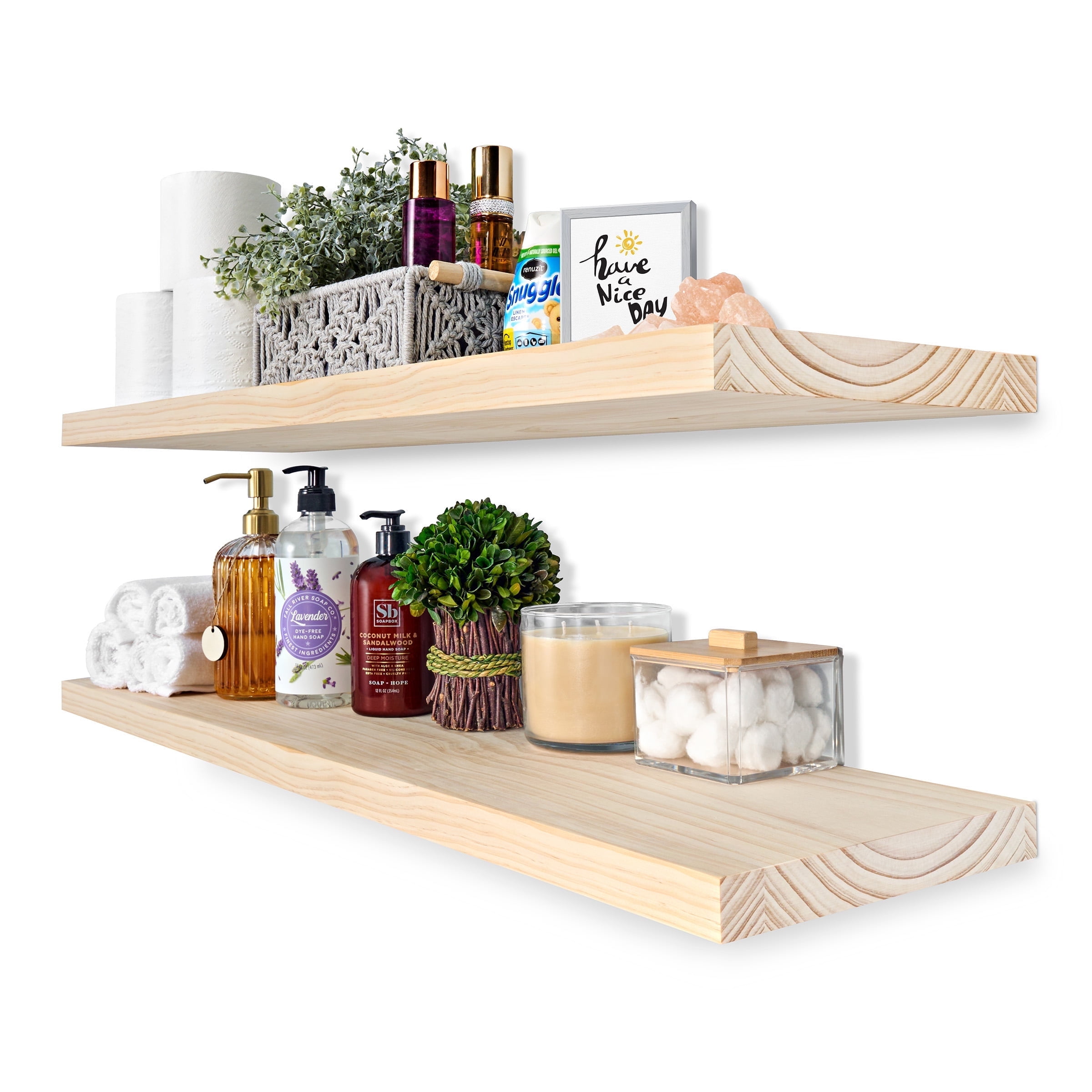 Sorbus Wood Floating Shelves for Wall - 35” Solid Wood Wall Shelves for Bathroom Decor, Books, Bedroom & Living Room - Set of 2 Wall Mounted Kitchen Shelves - Durable 100% Premium Solid Pine
