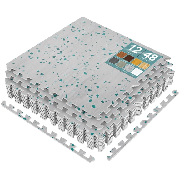 Sorbus Wood Grain Foam Floor Tiles, 12 Pieces, 48 Sq Ft, Interlocking Mats, Terrazzo