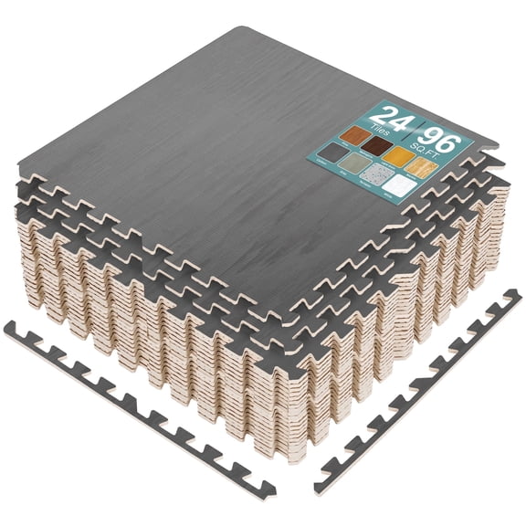 Sorbus Wood Grain Foam Floor Tiles, 24 Pieces, 96 Sq Ft, Interlocking Mats, Carbon