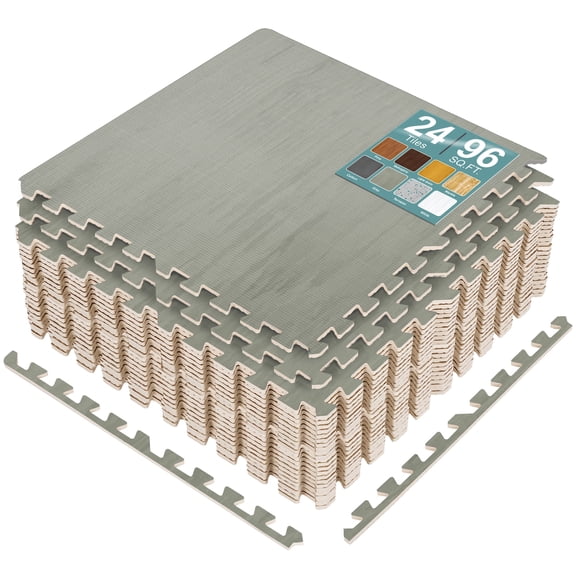 Sorbus Wood Grain Foam Floor Tiles, 24 Pieces, 96 Sq Ft, Interlocking Mats, Gray