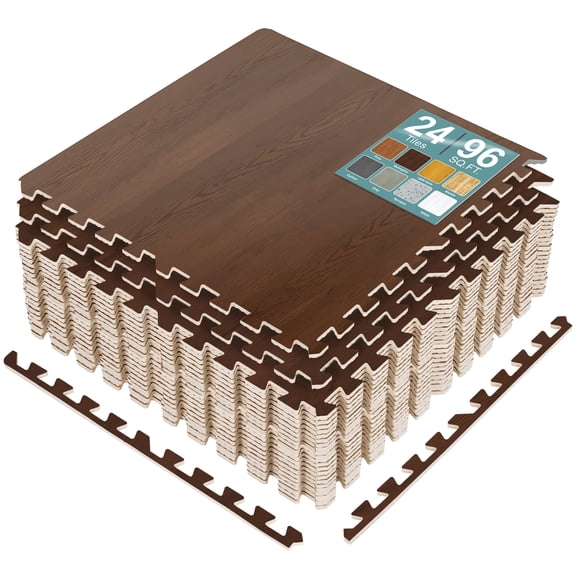 Sorbus Wood Grain Foam Floor Tiles, 24 Pieces, 96 Sq Ft, Interlocking Mats, Mahogany