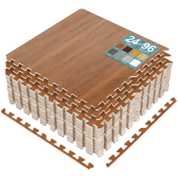 Sorbus Wood Grain Foam Floor Tiles, 24 Pieces, 96 Sq Ft, Interlocking Mats, Pine