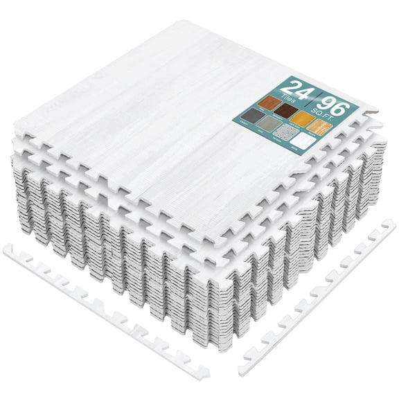 Sorbus Wood Grain Foam Floor Tiles, 24 Pieces, 96 Sq Ft, Interlocking Mats, White