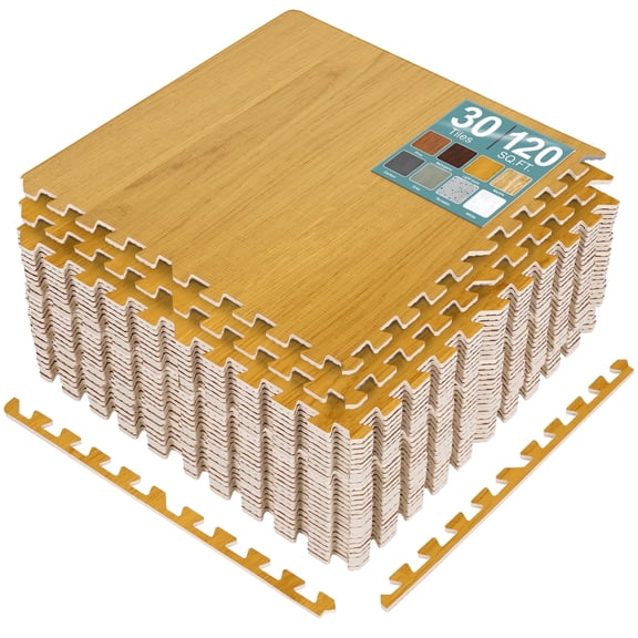 Sorbus Wood Grain Foam Floor Tiles, 30 Pieces, 120 Sq Ft, Interlocking Mats, Light Grain