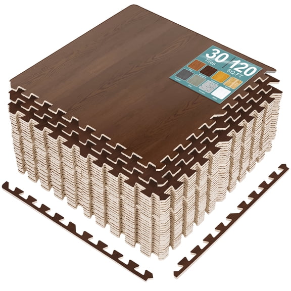 Sorbus Wood Grain Foam Floor Tiles, 30 Pieces, 120 Sq Ft, Interlocking Mats, Mahogany