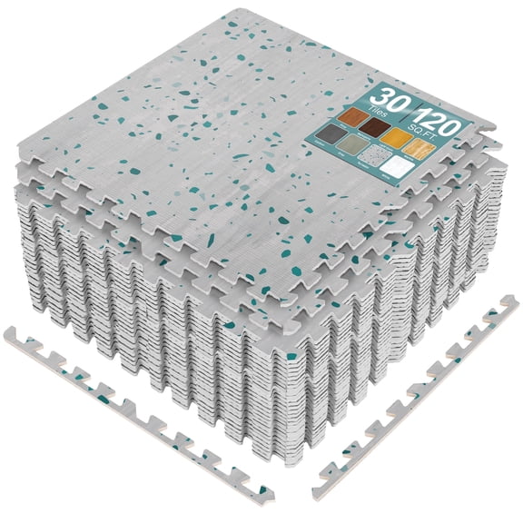 Sorbus Wood Grain Foam Floor Tiles, 30 Pieces, 120 Sq Ft, Interlocking Mats, Terrazzo