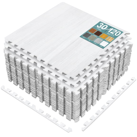 Sorbus Wood Grain Foam Floor Tiles, 30 Pieces, 120 Sq Ft, Interlocking Mats, White