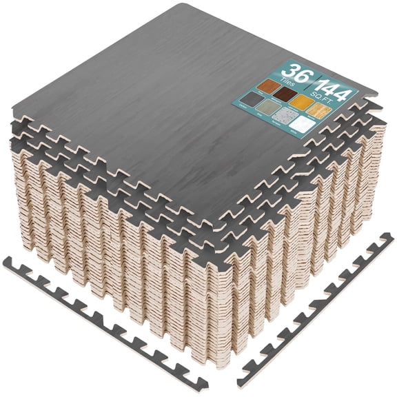 Sorbus Wood Grain Foam Floor Tiles, 36 Pieces, 144 Sq Ft, Interlocking Mats, Carbon