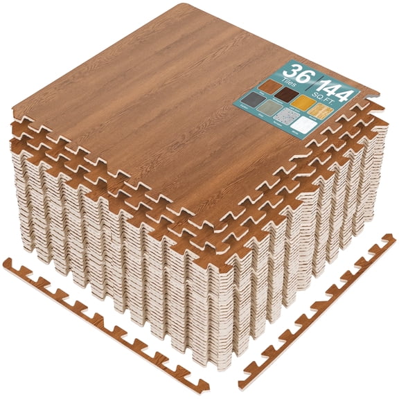 Sorbus Wood Grain Foam Floor Tiles, 36 Pieces, 144 Sq Ft, Interlocking Mats, Pine
