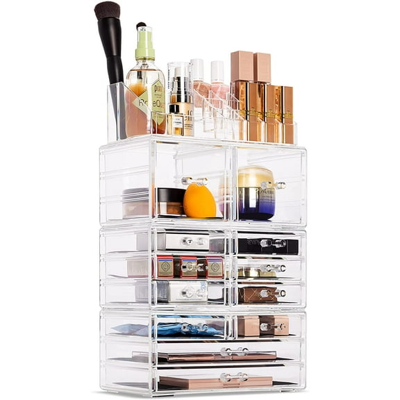 Sorbus X-Large Clear Makeup Organizer Case - 4 Piece Set, 12 Drawers