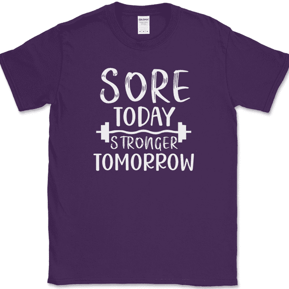 Sore Today Stronger Tomorrow T-Shirt Funny Gym Fitness Lifting Workout Tee - Purple, M