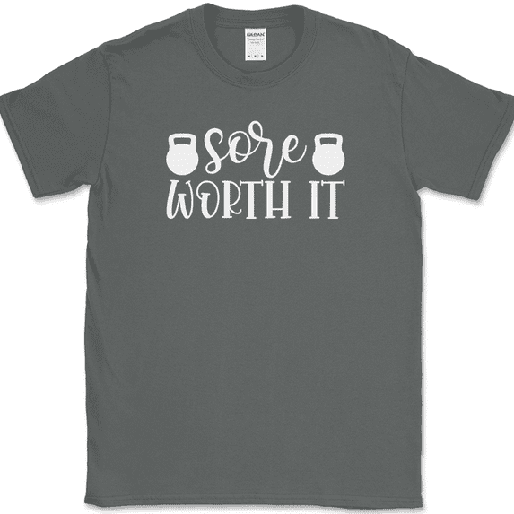 Sore Worth It T-Shirt Funny Gym Fitness Lifting Workout Running Text Tee - Charcoal, L