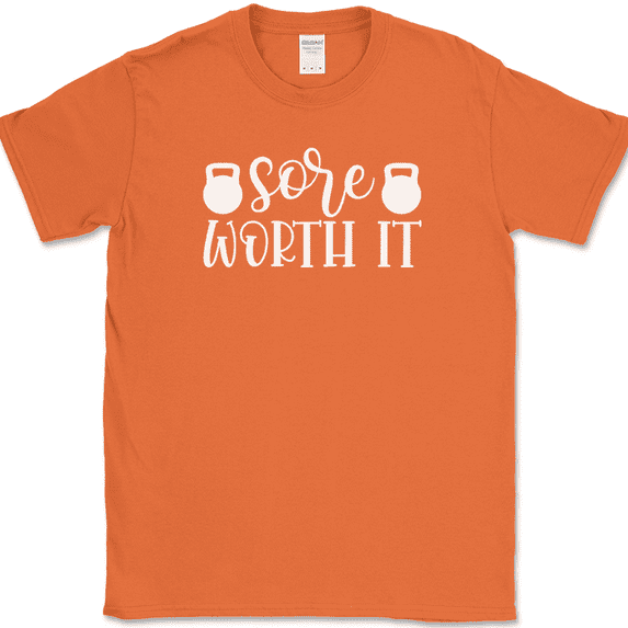 Sore Worth It T-Shirt Funny Gym Fitness Lifting Workout Running Text Tee - Orange, S