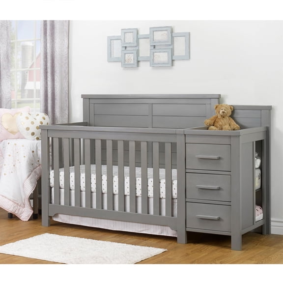 Sorelle Farmhouse Wooden Convertible Crib and Changer in Weathered Gray