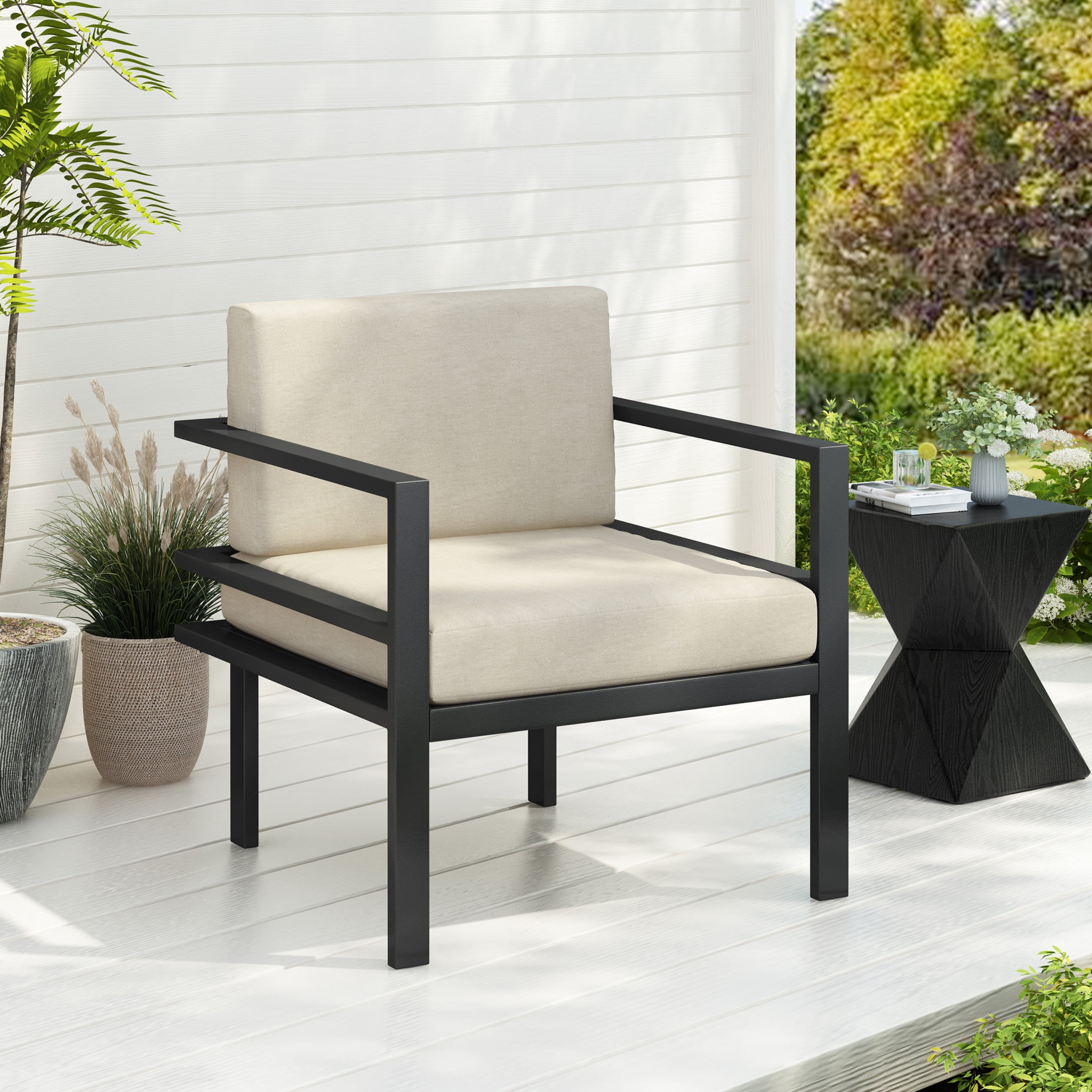 Beige and Black Aluminum Outdoor Lounge Chair with Cushions