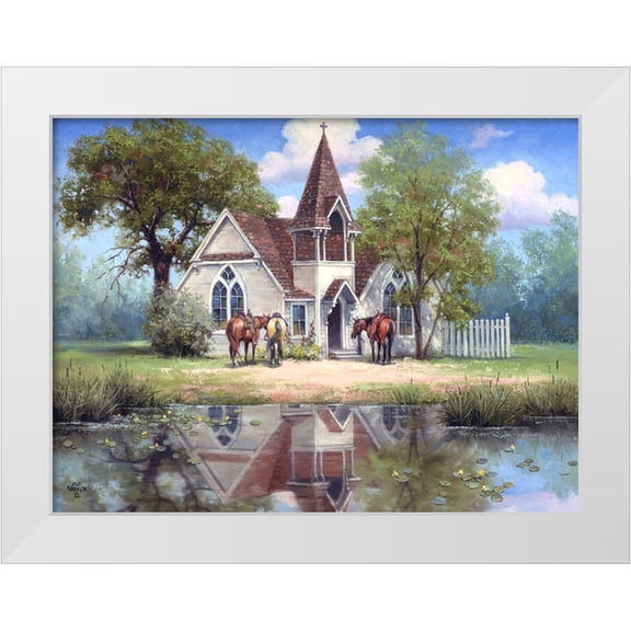 Sorenson, Jack 32x25 White Modern Wood Framed Museum Art Print Titled - Reflections of a Country Church