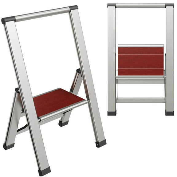 Sorfey 1-Step Folding Step Ladder Aluminum Foldable Step Stool, Mahogany/Silver