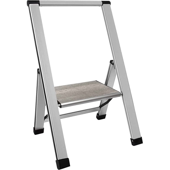 Sorfey 1-Step Step Ladder Slim, Anti-Slip Foldable Ladder Step Stool, Gray Wood & Silver