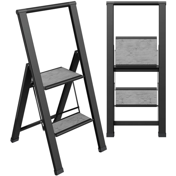 Sorfey 2-Step Step Ladder Slim, Anti-Slip Foldable Ladder Step Stool, Gray Wood & Black