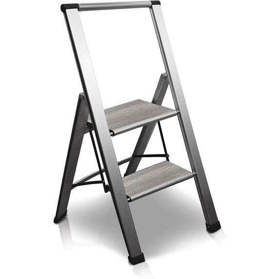 Sorfey 2-Step Step Ladder Slim, Anti-Slip Foldable Ladder Step Stool, Gray Wood & Silver