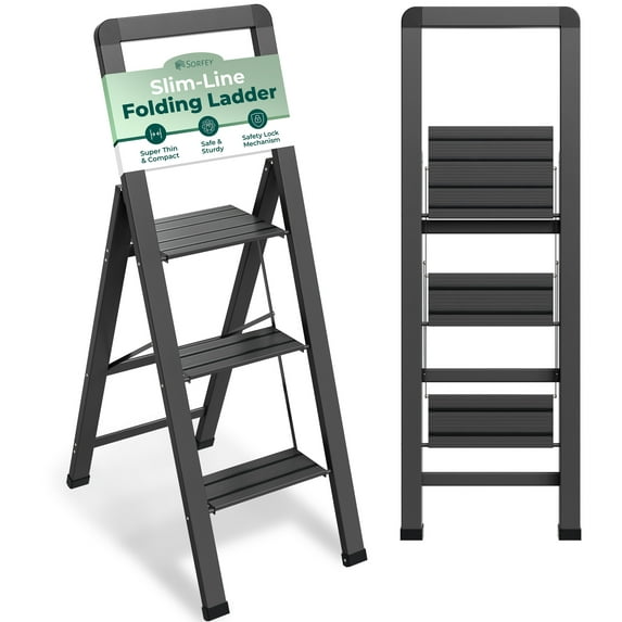 Sorfey 3-Step Aluminum Foldable Ladder Step Stool Folding Step Ladder, Gray