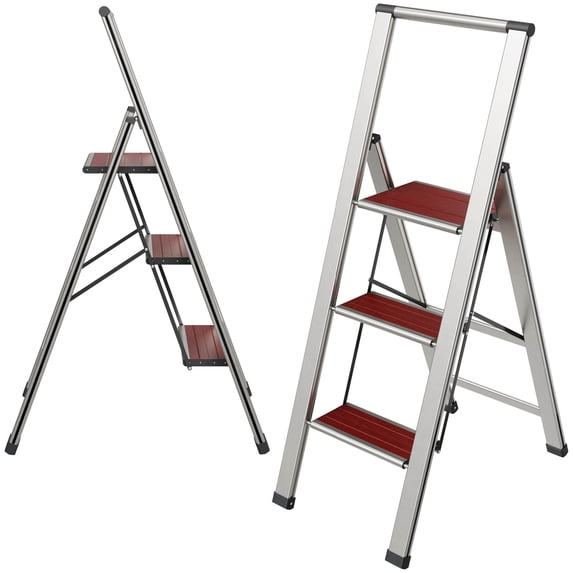 Sorfey 3-Step Folding Step Ladder Aluminum Foldable Step Stool, Mahogany/Silver