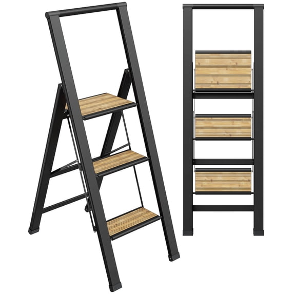 Sorfey 3-Step Folding Step Ladder Slim, Aluminum Foldable Step Stool, Black